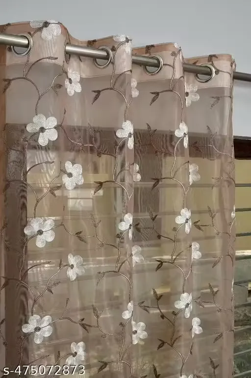 Embroidery Premium Floral Design Transparent Sheer Net Curtain with Metal Eyelets Ring (Pack of 1) - Coffee